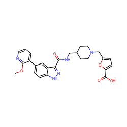 COc1ncccc1-c1ccc2[nH]nc(C(=O)NCC3CCN(Cc4ccc(C(=O)O)o4)CC3)c2c1 ZINC000220755593