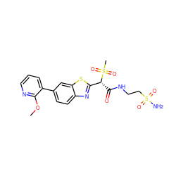COc1ncccc1-c1ccc2nc([C@@H](C(=O)NCCS(N)(=O)=O)S(C)(=O)=O)sc2c1 ZINC000144006309