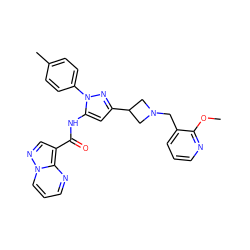 COc1ncccc1CN1CC(c2cc(NC(=O)c3cnn4cccnc34)n(-c3ccc(C)cc3)n2)C1 ZINC000145887628