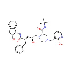 COc1ncccc1CN1CCN(C[C@@H](O)C[C@@H](Cc2ccccc2)C(=O)N[C@H]2c3ccccc3C[C@H]2O)[C@H](C(=O)NC(C)(C)C)C1 ZINC000027085821