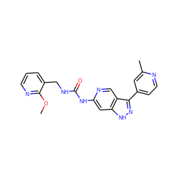 COc1ncccc1CNC(=O)Nc1cc2[nH]nc(-c3ccnc(C)c3)c2cn1 ZINC000219752719