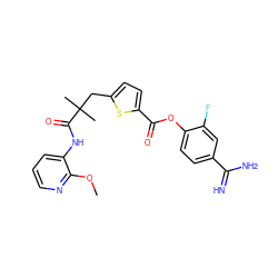 COc1ncccc1NC(=O)C(C)(C)Cc1ccc(C(=O)Oc2ccc(C(=N)N)cc2F)s1 ZINC000261179251