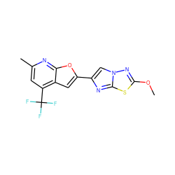 COc1nn2cc(-c3cc4c(C(F)(F)F)cc(C)nc4o3)nc2s1 ZINC000653676813