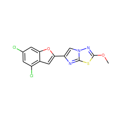 COc1nn2cc(-c3cc4c(Cl)cc(Cl)cc4o3)nc2s1 ZINC000653666677