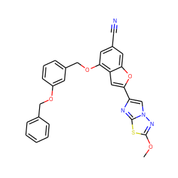 COc1nn2cc(-c3cc4c(OCc5cccc(OCc6ccccc6)c5)cc(C#N)cc4o3)nc2s1 ZINC000653752900