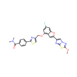 COc1nn2cc(-c3cc4c(OCc5csc(-c6ccc(C(=O)N(C)C)cc6)n5)cc(F)cc4o3)nc2s1 ZINC000223026794