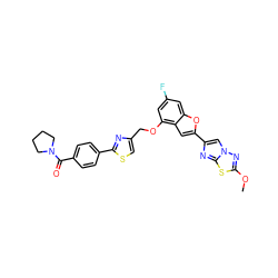 COc1nn2cc(-c3cc4c(OCc5csc(-c6ccc(C(=O)N7CCCC7)cc6)n5)cc(F)cc4o3)nc2s1 ZINC000143356750