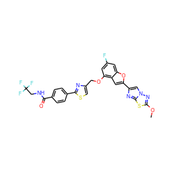 COc1nn2cc(-c3cc4c(OCc5csc(-c6ccc(C(=O)NCC(F)(F)F)cc6)n5)cc(F)cc4o3)nc2s1 ZINC000143371143