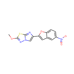 COc1nn2cc(-c3cc4cc([N+](=O)[O-])ccc4o3)nc2s1 ZINC000653671296