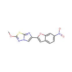 COc1nn2cc(-c3cc4ccc([N+](=O)[O-])cc4o3)nc2s1 ZINC000653671269