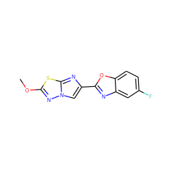 COc1nn2cc(-c3nc4cc(F)ccc4o3)nc2s1 ZINC000653753181