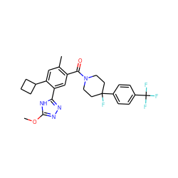 COc1nnc(-c2cc(C(=O)N3CCC(F)(c4ccc(C(F)(F)F)cc4)CC3)c(C)cc2C2CCC2)[nH]1 ZINC000150297055