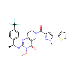 COn1c(N[C@@H](C)c2ccc(C(F)(F)F)cc2)nc2c(c1=O)CN(C(=O)c1cc(-c3cccs3)n(C)n1)CC2 ZINC000113831930