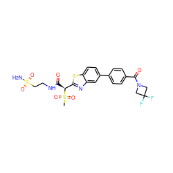 CS(=O)(=O)[C@@H](C(=O)NCCS(N)(=O)=O)c1nc2cc(-c3ccc(C(=O)N4CC(F)(F)C4)cc3)ccc2s1 ZINC000144321744