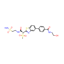 CS(=O)(=O)[C@@H](C(=O)NCCS(N)(=O)=O)c1nc2cc(-c3ccc(C(=O)NCCO)cc3)ccc2s1 ZINC000145472215