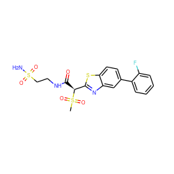 CS(=O)(=O)[C@@H](C(=O)NCCS(N)(=O)=O)c1nc2cc(-c3ccccc3F)ccc2s1 ZINC000143995284