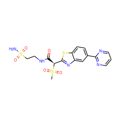 CS(=O)(=O)[C@@H](C(=O)NCCS(N)(=O)=O)c1nc2cc(-c3ncccn3)ccc2s1 ZINC000143913698