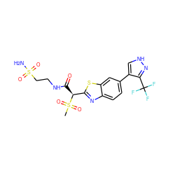 CS(=O)(=O)[C@@H](C(=O)NCCS(N)(=O)=O)c1nc2ccc(-c3c[nH]nc3C(F)(F)F)cc2s1 ZINC000145469333