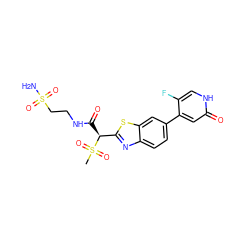 CS(=O)(=O)[C@@H](C(=O)NCCS(N)(=O)=O)c1nc2ccc(-c3cc(=O)[nH]cc3F)cc2s1 ZINC000144324705