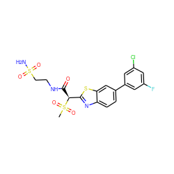 CS(=O)(=O)[C@@H](C(=O)NCCS(N)(=O)=O)c1nc2ccc(-c3cc(F)cc(Cl)c3)cc2s1 ZINC000144076989