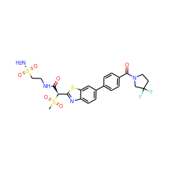 CS(=O)(=O)[C@@H](C(=O)NCCS(N)(=O)=O)c1nc2ccc(-c3ccc(C(=O)N4CCC(F)(F)C4)cc3)cc2s1 ZINC000145485107