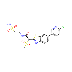 CS(=O)(=O)[C@@H](C(=O)NCCS(N)(=O)=O)c1nc2ccc(-c3ccc(Cl)nc3)cc2s1 ZINC000143984384