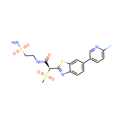 CS(=O)(=O)[C@@H](C(=O)NCCS(N)(=O)=O)c1nc2ccc(-c3ccc(F)nc3)cc2s1 ZINC000143937289