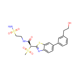 CS(=O)(=O)[C@@H](C(=O)NCCS(N)(=O)=O)c1nc2ccc(-c3cccc(CCO)c3)cc2s1 ZINC000144024727