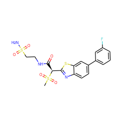 CS(=O)(=O)[C@@H](C(=O)NCCS(N)(=O)=O)c1nc2ccc(-c3cccc(F)c3)cc2s1 ZINC000144087708