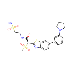 CS(=O)(=O)[C@@H](C(=O)NCCS(N)(=O)=O)c1nc2ccc(-c3cccc(N4CCCC4)c3)cc2s1 ZINC000145467159