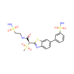 CS(=O)(=O)[C@@H](C(=O)NCCS(N)(=O)=O)c1nc2ccc(-c3cccc(S(N)(=O)=O)c3)cc2s1 ZINC000145493085