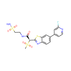 CS(=O)(=O)[C@@H](C(=O)NCCS(N)(=O)=O)c1nc2ccc(-c3ccnc(F)c3)cc2s1 ZINC000144037724