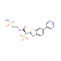 CS(=O)(=O)[C@@H](C(=O)NCCS(N)(=O)=O)c1nc2ccc(-c3cncnc3)cc2s1 ZINC000144008011