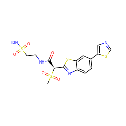 CS(=O)(=O)[C@@H](C(=O)NCCS(N)(=O)=O)c1nc2ccc(-c3cncs3)cc2s1 ZINC000145493884