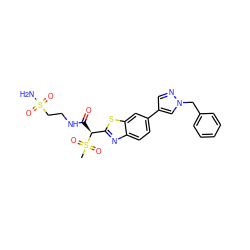 CS(=O)(=O)[C@@H](C(=O)NCCS(N)(=O)=O)c1nc2ccc(-c3cnn(Cc4ccccc4)c3)cc2s1 ZINC000145468164