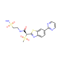 CS(=O)(=O)[C@@H](C(=O)NCCS(N)(=O)=O)c1nc2ccc(-c3ncccn3)cc2s1 ZINC000144103023