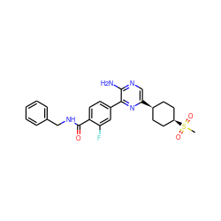 CS(=O)(=O)[C@H]1CC[C@@H](c2cnc(N)c(-c3ccc(C(=O)NCc4ccccc4)c(F)c3)n2)CC1 ZINC001772654888