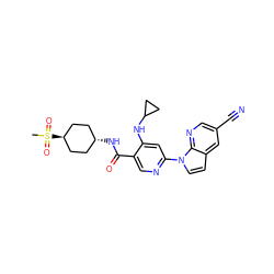 CS(=O)(=O)[C@H]1CC[C@H](NC(=O)c2cnc(-n3ccc4cc(C#N)cnc43)cc2NC2CC2)CC1 ZINC001772569754