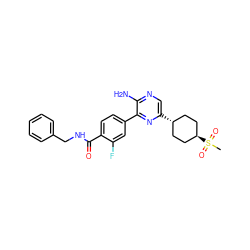 CS(=O)(=O)[C@H]1CC[C@H](c2cnc(N)c(-c3ccc(C(=O)NCc4ccccc4)c(F)c3)n2)CC1 ZINC001772625675