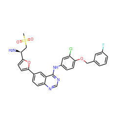 CS(=O)(=O)C[C@H](N)c1ccc(-c2ccc3ncnc(Nc4ccc(OCc5cccc(F)c5)c(Cl)c4)c3c2)o1 ZINC000115937304