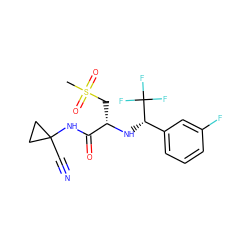 CS(=O)(=O)C[C@H](N[C@@H](c1cccc(F)c1)C(F)(F)F)C(=O)NC1(C#N)CC1 ZINC000014971132