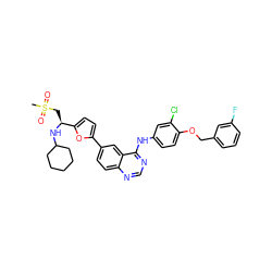 CS(=O)(=O)C[C@H](NC1CCCCC1)c1ccc(-c2ccc3ncnc(Nc4ccc(OCc5cccc(F)c5)c(Cl)c4)c3c2)o1 ZINC000299837847