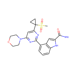 CS(=O)(=O)C1(c2cc(N3CCOCC3)nc(-c3cccc4[nH]c(C(N)=O)cc34)n2)CC1 ZINC000095584035