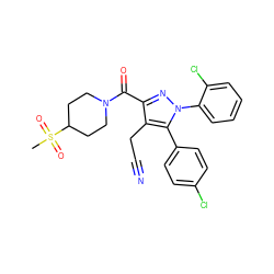 CS(=O)(=O)C1CCN(C(=O)c2nn(-c3ccccc3Cl)c(-c3ccc(Cl)cc3)c2CC#N)CC1 ZINC000045373946