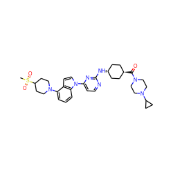 CS(=O)(=O)C1CCN(c2cccc3c2ccn3-c2ccnc(N[C@H]3CC[C@H](C(=O)N4CCN(C5CC5)CC4)CC3)n2)CC1 ZINC000261078679