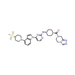 CS(=O)(=O)C1CCN(c2cccc3c2ccn3-c2ccnc(N[C@H]3CC[C@H](C(=O)N4CCn5cnnc5C4)CC3)n2)CC1 ZINC000261089304