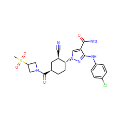 CS(=O)(=O)C1CN(C(=O)[C@@H]2CC[C@@H](n3cc(C(N)=O)c(Nc4ccc(Cl)cc4)n3)[C@H](C#N)C2)C1 ZINC000221210413