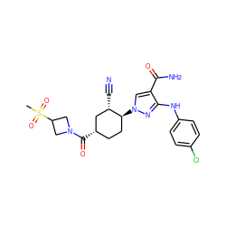 CS(=O)(=O)C1CN(C(=O)[C@H]2CC[C@H](n3cc(C(N)=O)c(Nc4ccc(Cl)cc4)n3)[C@@H](C#N)C2)C1 ZINC000221845213