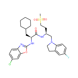 CS(=O)(=O)CC[C@@H](CN1CCc2cc(F)ccc21)NC(=O)[C@H](CC1CCCCC1)Nc1nc2ccc(Cl)cc2o1 ZINC000014971643