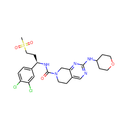 CS(=O)(=O)CC[C@@H](NC(=O)N1CCc2cnc(NC3CCOCC3)nc2C1)c1ccc(Cl)c(Cl)c1 ZINC000202129843